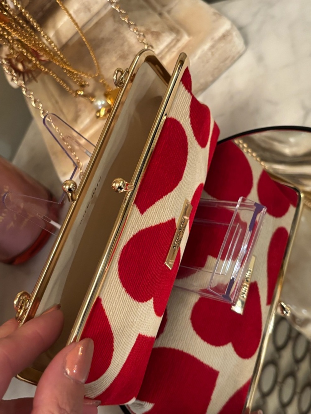 Miu Miu Cream Clutch with Red Heart Print and Gold Frame - Picture 8 of 13